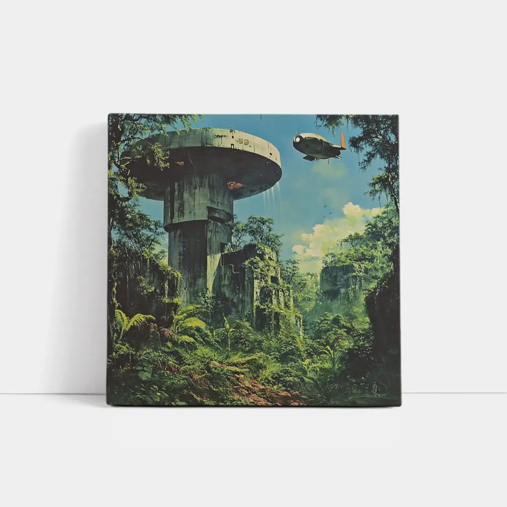 Retro Sci Fi Jungle Ruins Airship Art – Wall Art