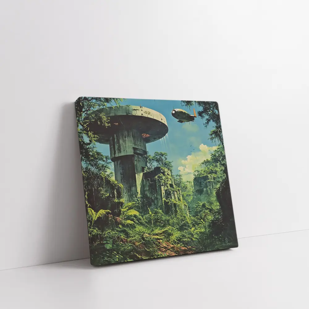Retro Sci Fi Jungle Ruins Airship Art – Wall Art