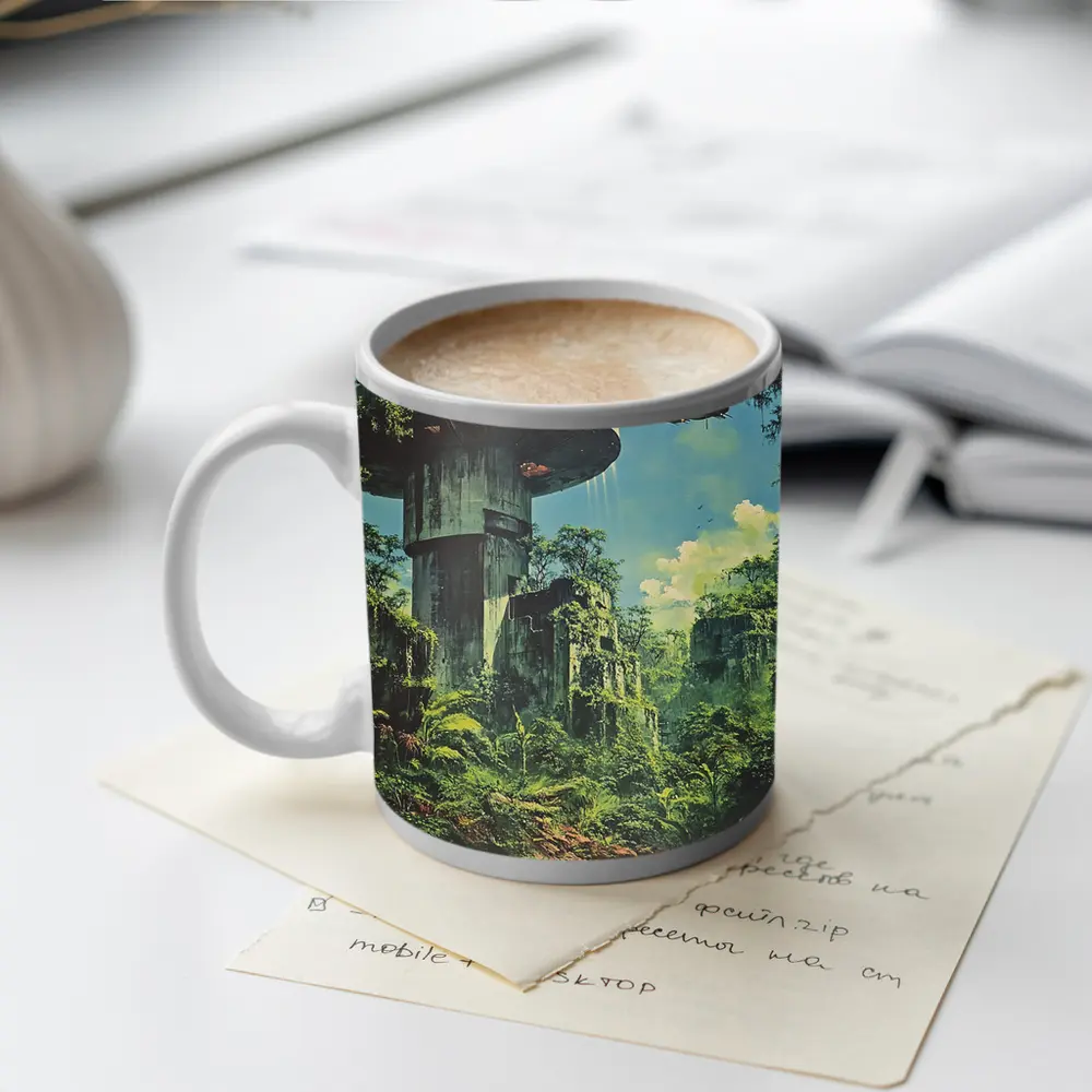 Retro Sci Fi Jungle Ruins Airship Art – Mugs