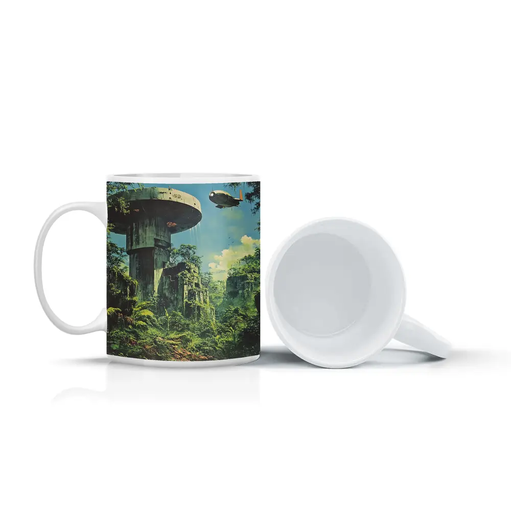Retro Sci Fi Jungle Ruins Airship Art – Mugs