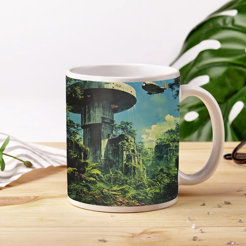 Retro Sci Fi Jungle Ruins Airship Art – Mugs