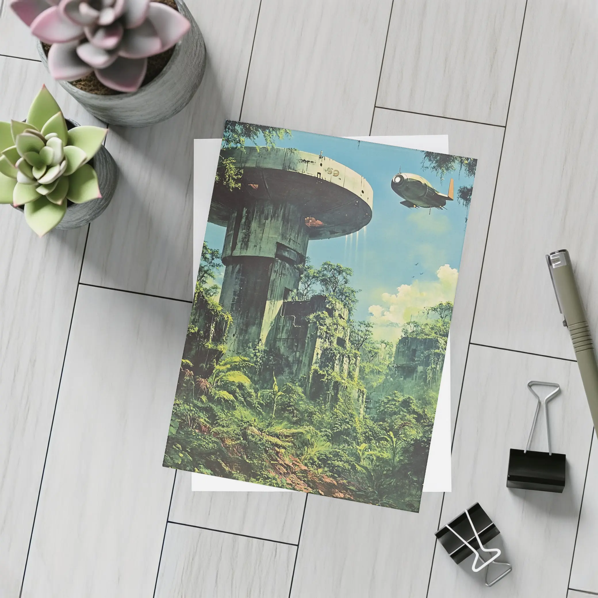 Retro Sci Fi Jungle Ruins Airship Art – Postcards