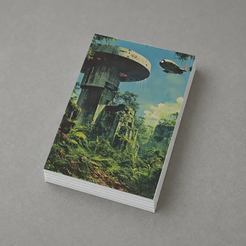 Retro Sci Fi Jungle Ruins Airship Art – Postcards