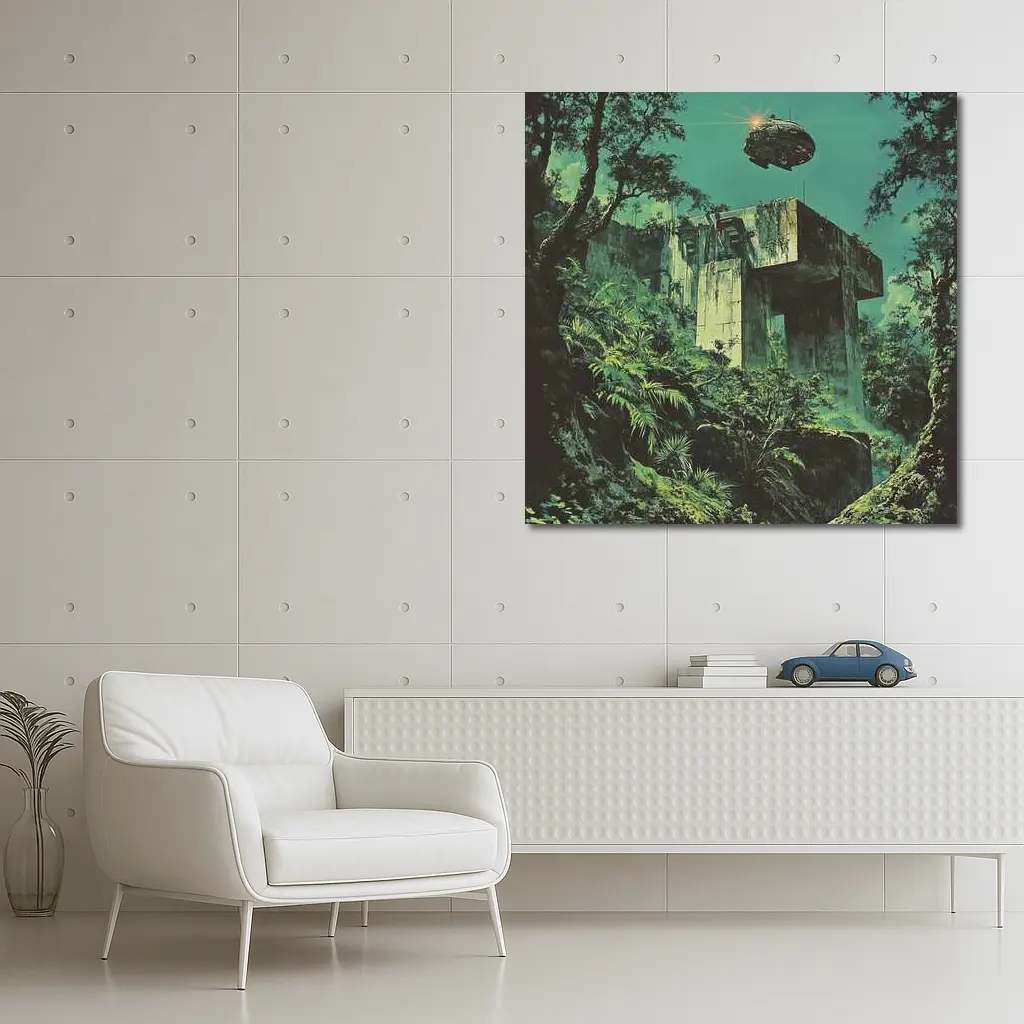 Abandoned Concrete Ruins Jungle Spacecraft Retro – Wall Art