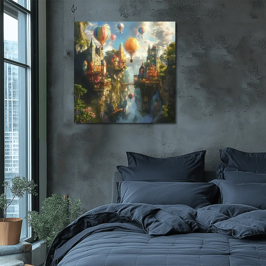 Fantasy City Hot Air Balloons Cliffside – Wall Art