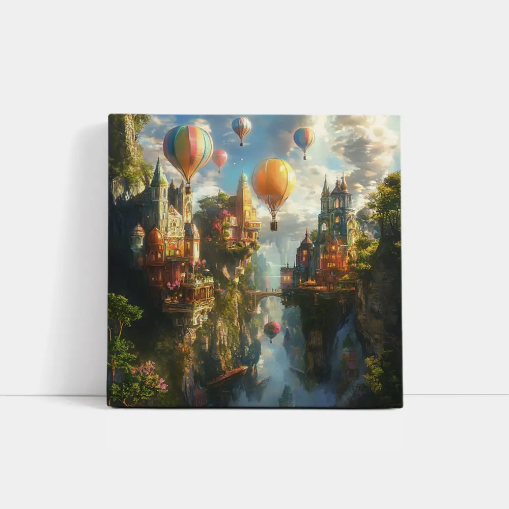 Fantasy City Hot Air Balloons Cliffside – Wall Art