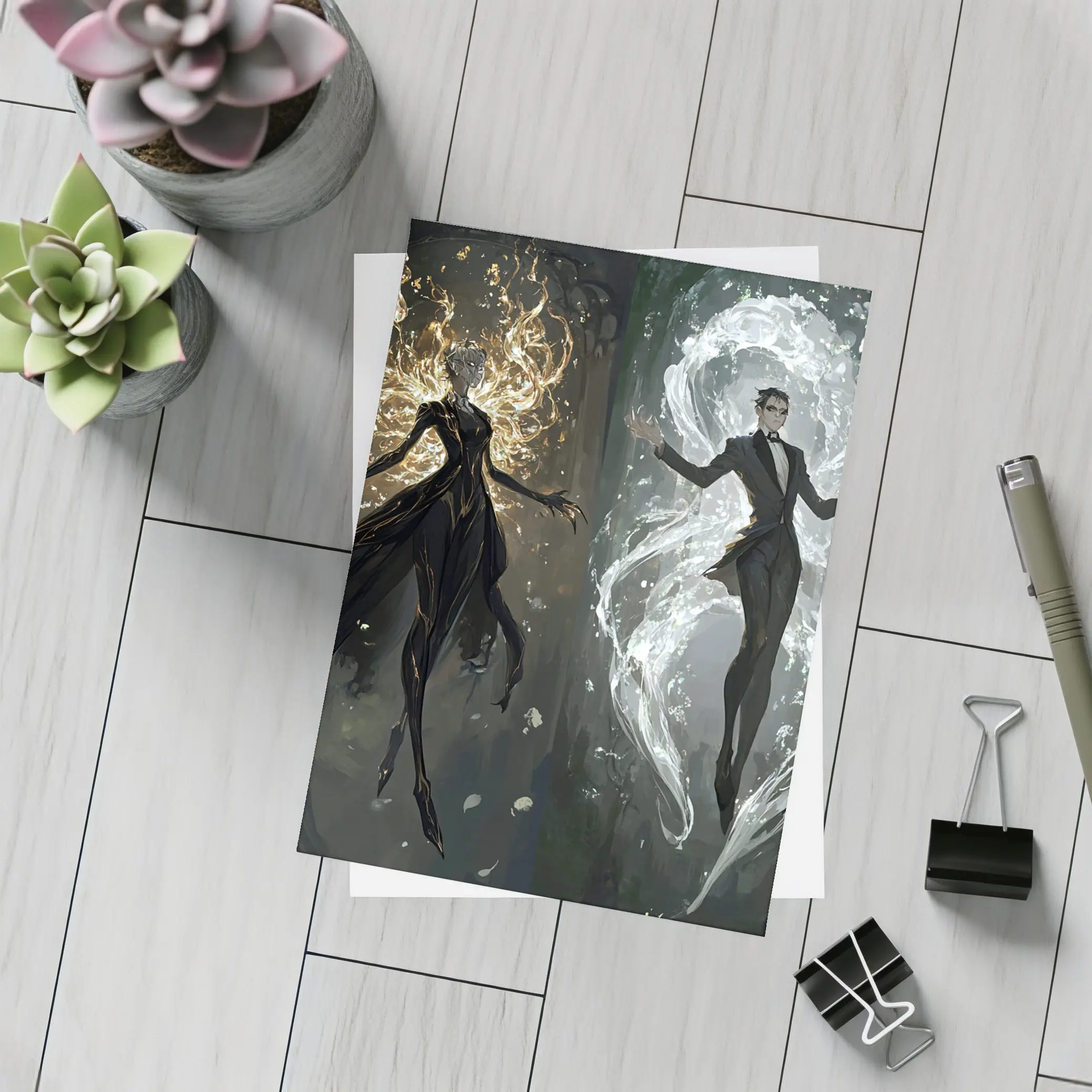 Dark Fantasy Elemental Figures Forest Background – Postcards