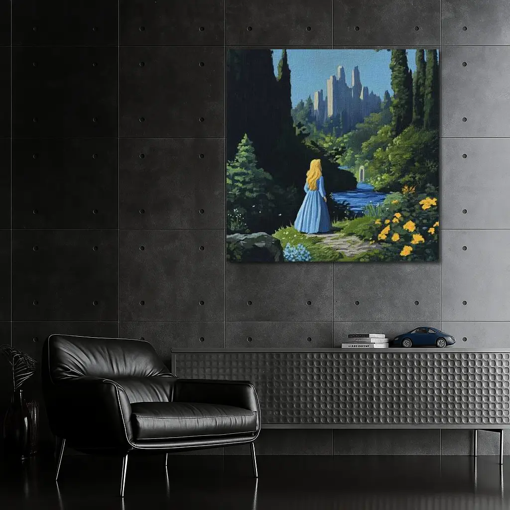 Blonde Girl Blue Dress Fantasy Castle Garden – Wall Art