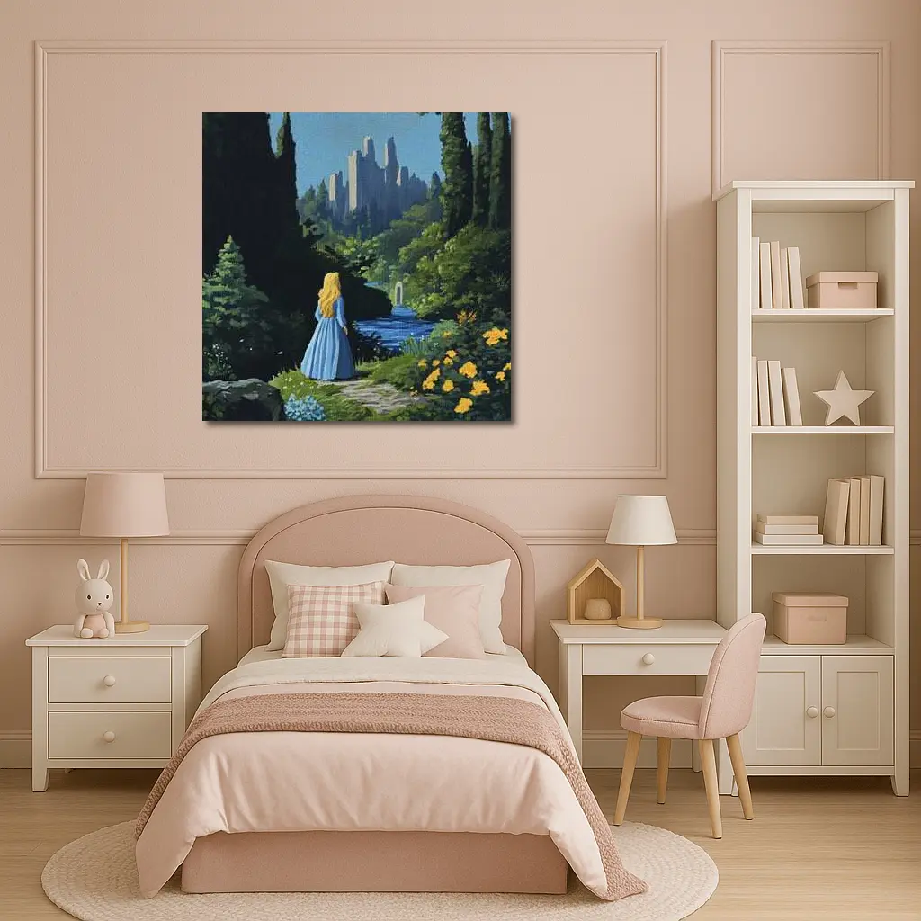 Blonde Girl Blue Dress Fantasy Castle Garden – Wall Art