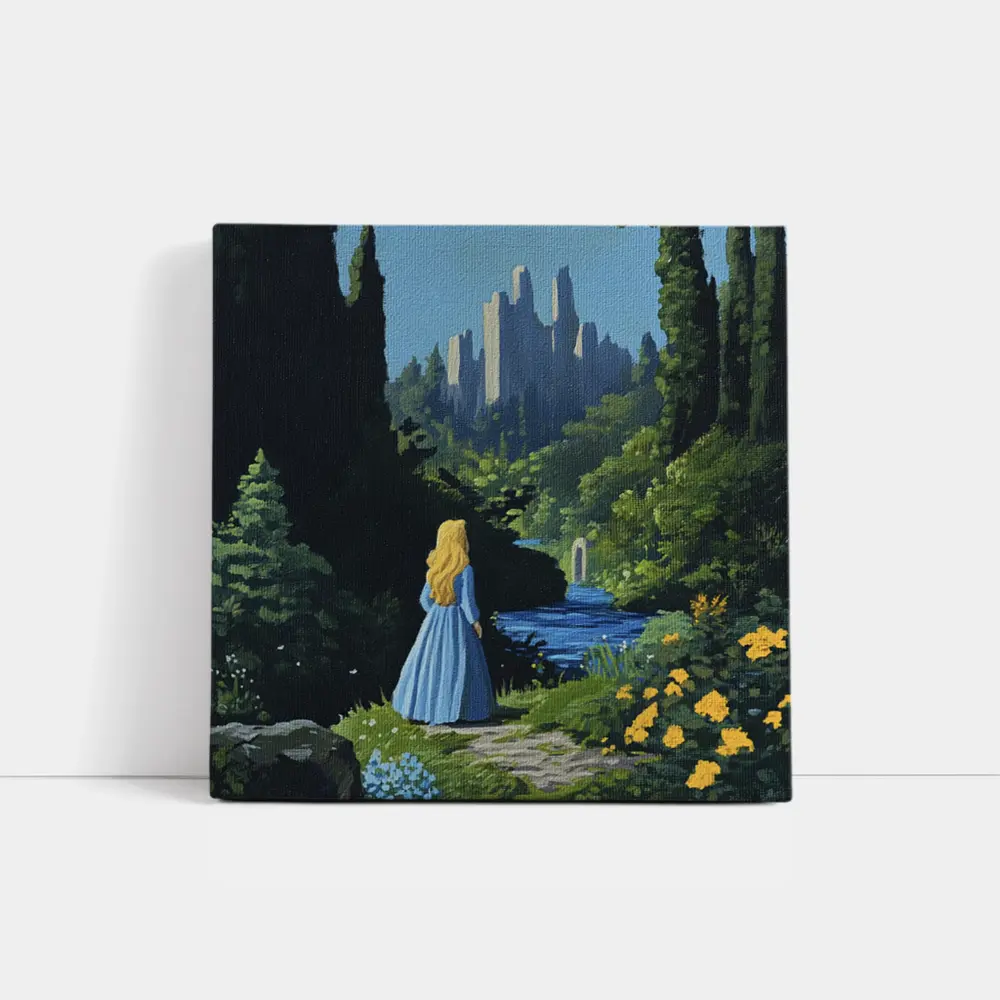 Blonde Girl Blue Dress Fantasy Castle Garden – Wall Art
