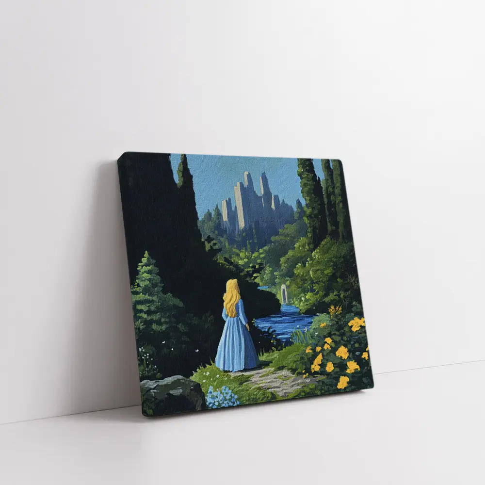 Blonde Girl Blue Dress Fantasy Castle Garden – Wall Art