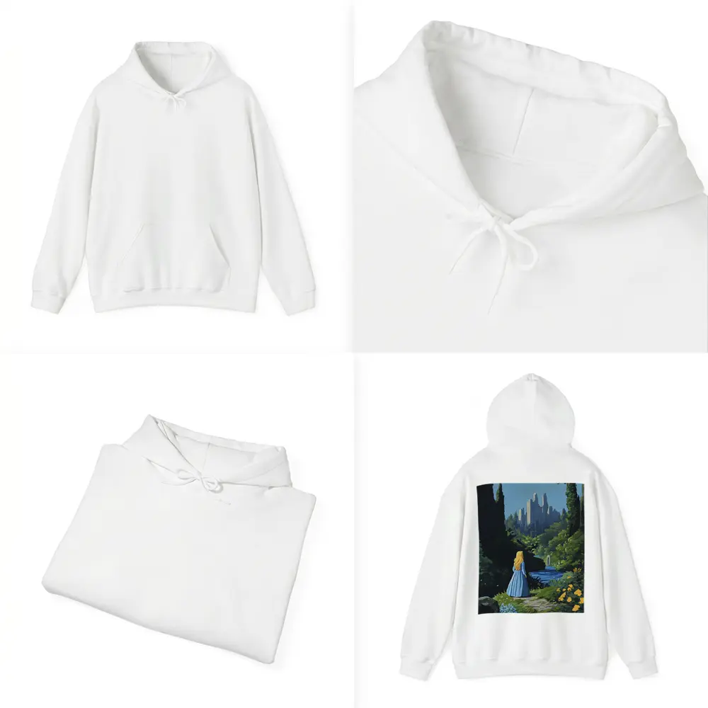 Blonde Girl Blue Dress Fantasy Castle Garden – Hoodies