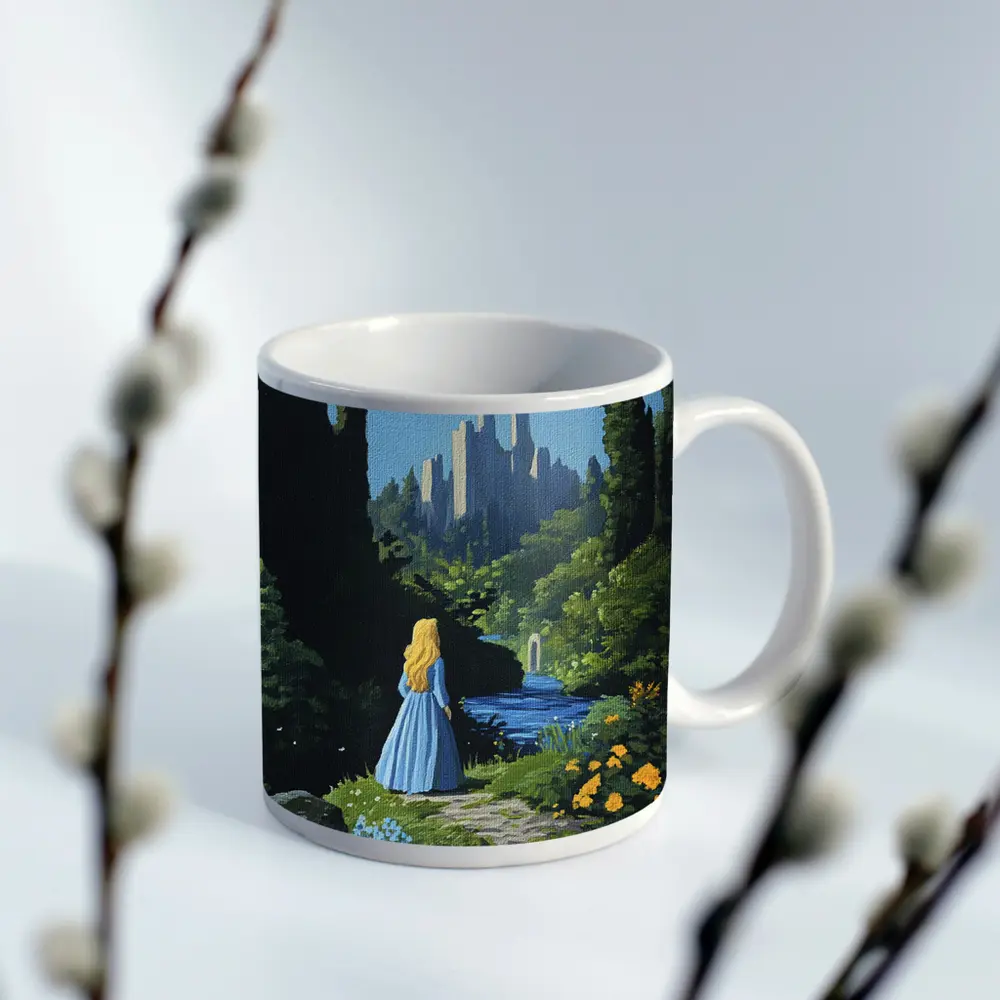 Blonde Girl Blue Dress Fantasy Castle Garden – Mugs