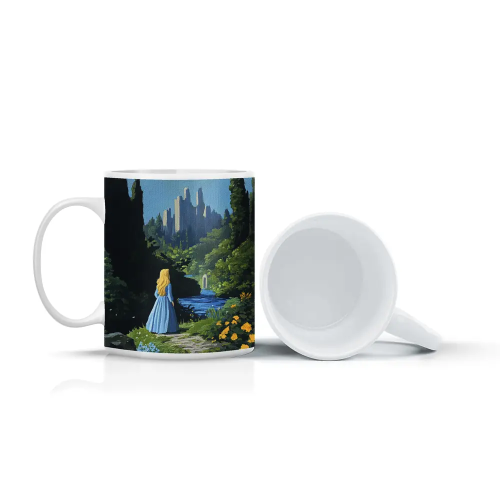 Blonde Girl Blue Dress Fantasy Castle Garden – Mugs