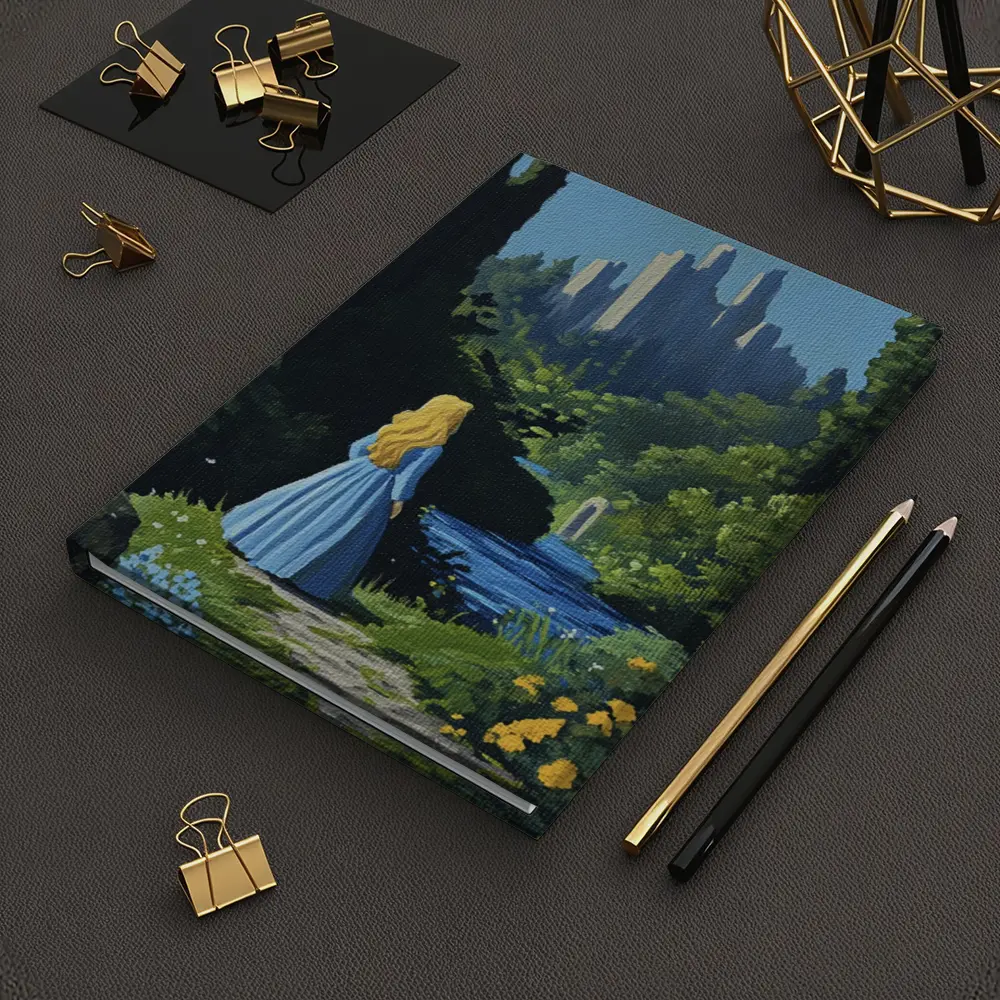 Blonde Girl Blue Dress Fantasy Castle Garden – Notebooks