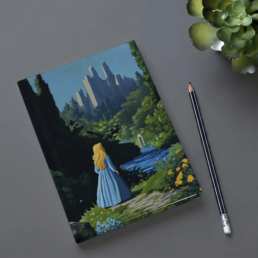 Blonde Girl Blue Dress Fantasy Castle Garden – Notebooks