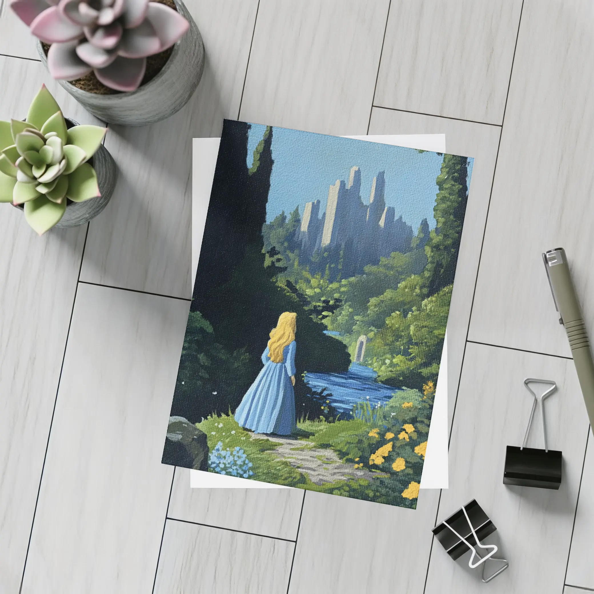 Blonde Girl Blue Dress Fantasy Castle Garden – Postcards