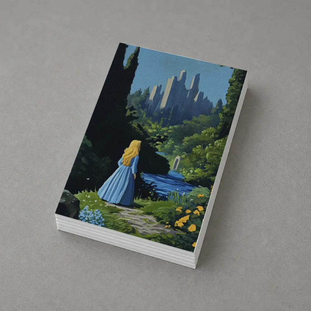 Blonde Girl Blue Dress Fantasy Castle Garden – Postcards