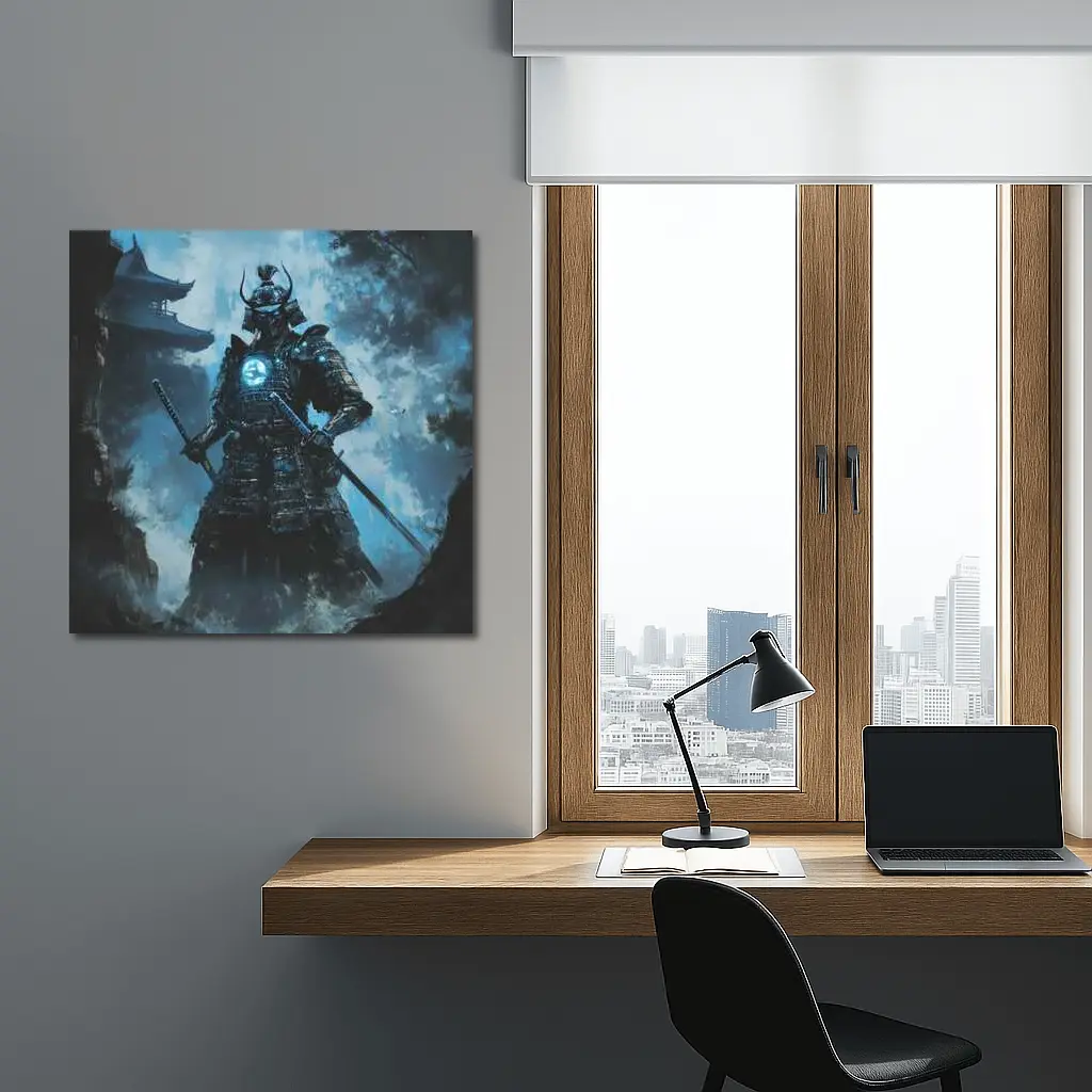 Dark Samurai Warrior Glowing Blue Armor – Wall Art