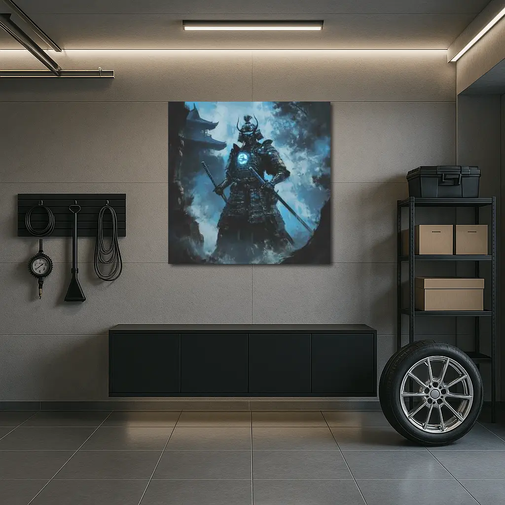 Dark Samurai Warrior Glowing Blue Armor – Wall Art