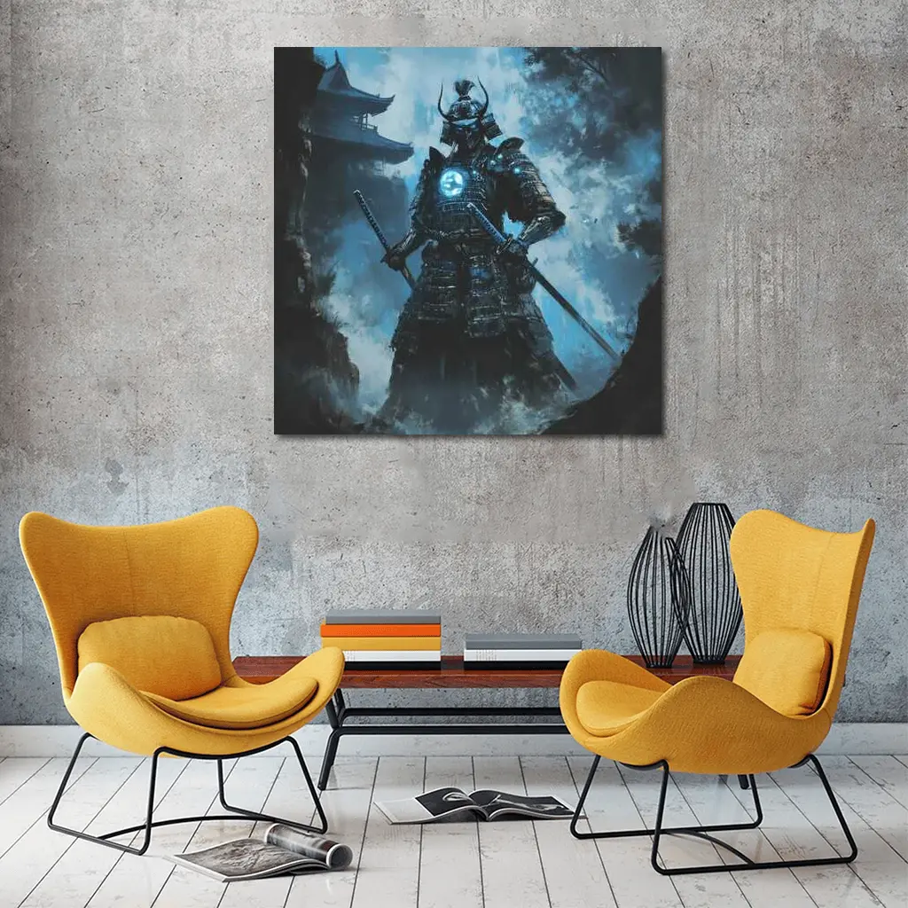 Dark Samurai Warrior Glowing Blue Armor – Wall Art