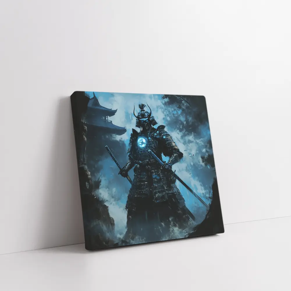 Dark Samurai Warrior Glowing Blue Armor – Wall Art