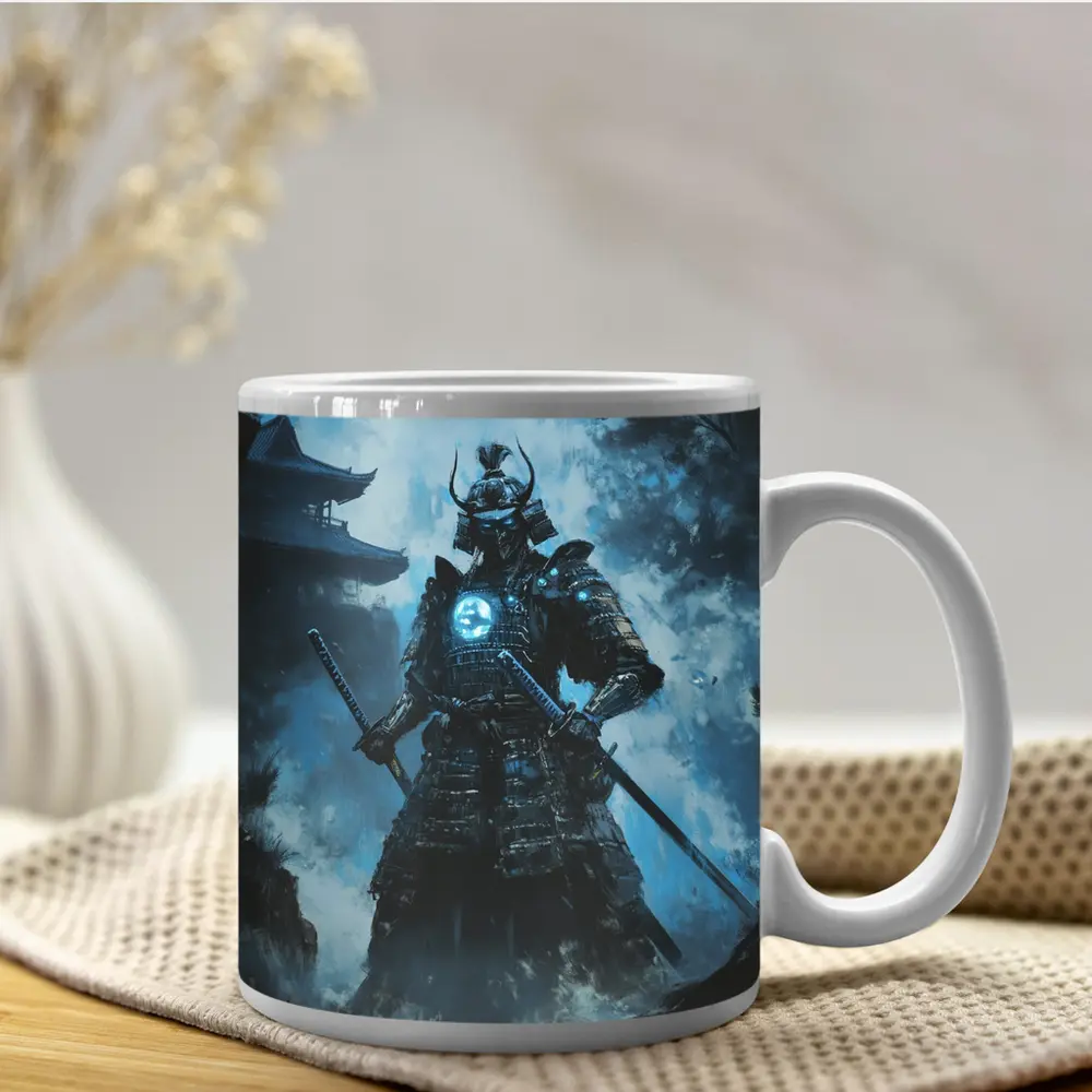 Dark Samurai Warrior Glowing Blue Armor – Mugs