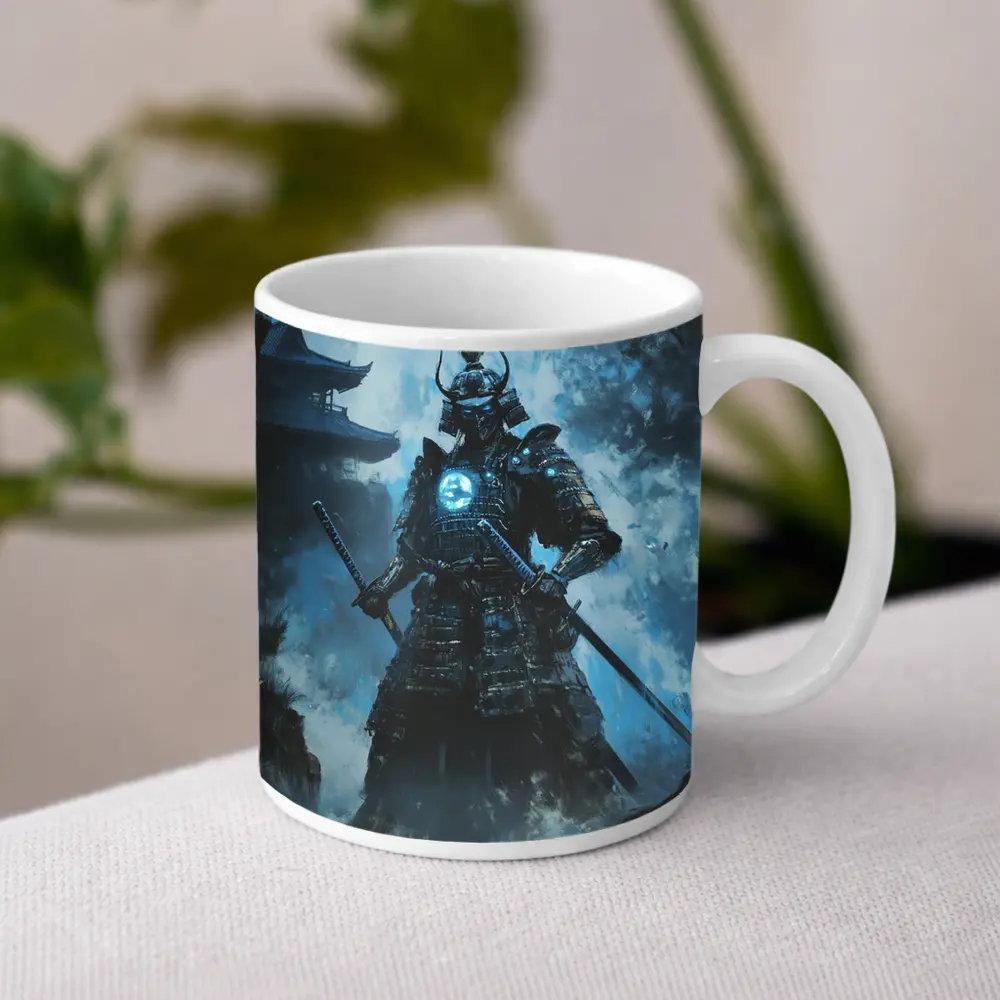 Dark Samurai Warrior Glowing Blue Armor – Mugs