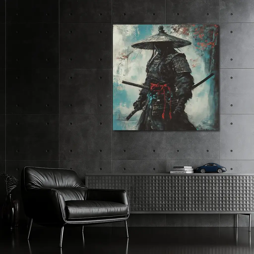 Dark Samurai Warrior Oil Painting Teal Background – Wall Art