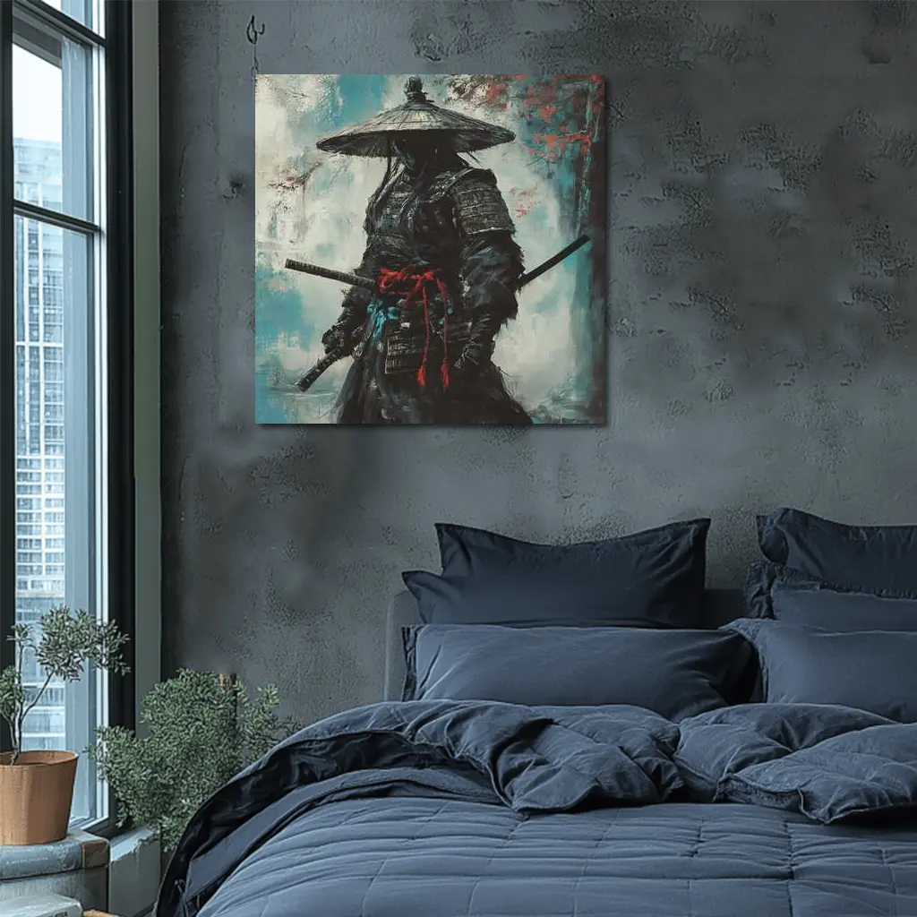 Dark Samurai Warrior Oil Painting Teal Background – Wall Art