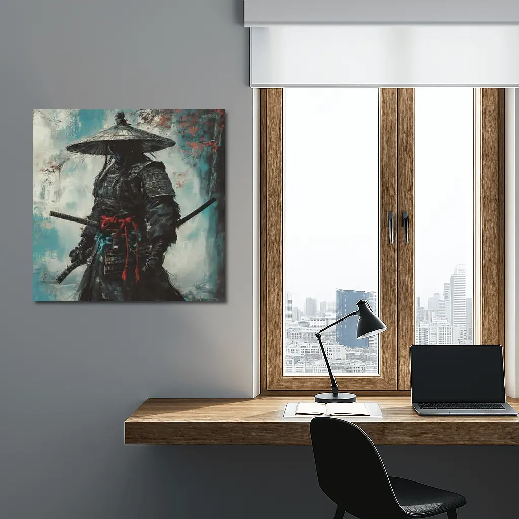 Dark Samurai Warrior Oil Painting Teal Background – Wall Art