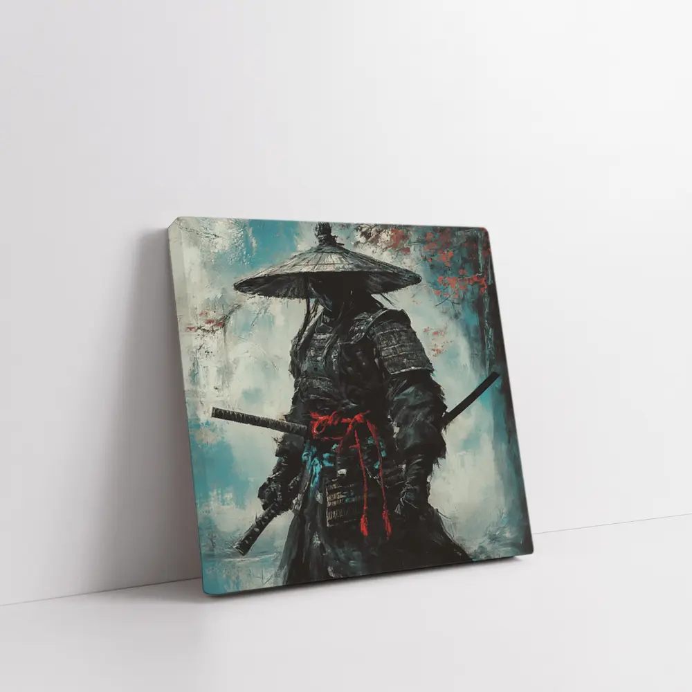 Dark Samurai Warrior Oil Painting Teal Background – Wall Art