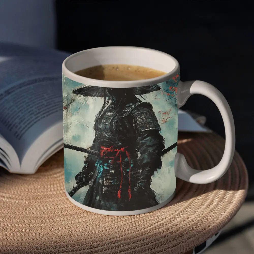 Dark Samurai Warrior Oil Painting Teal Background – Mugs