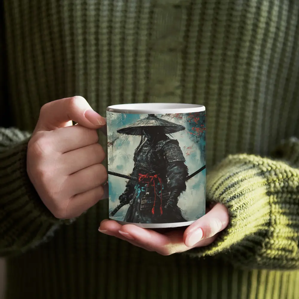 Dark Samurai Warrior Oil Painting Teal Background – Mugs