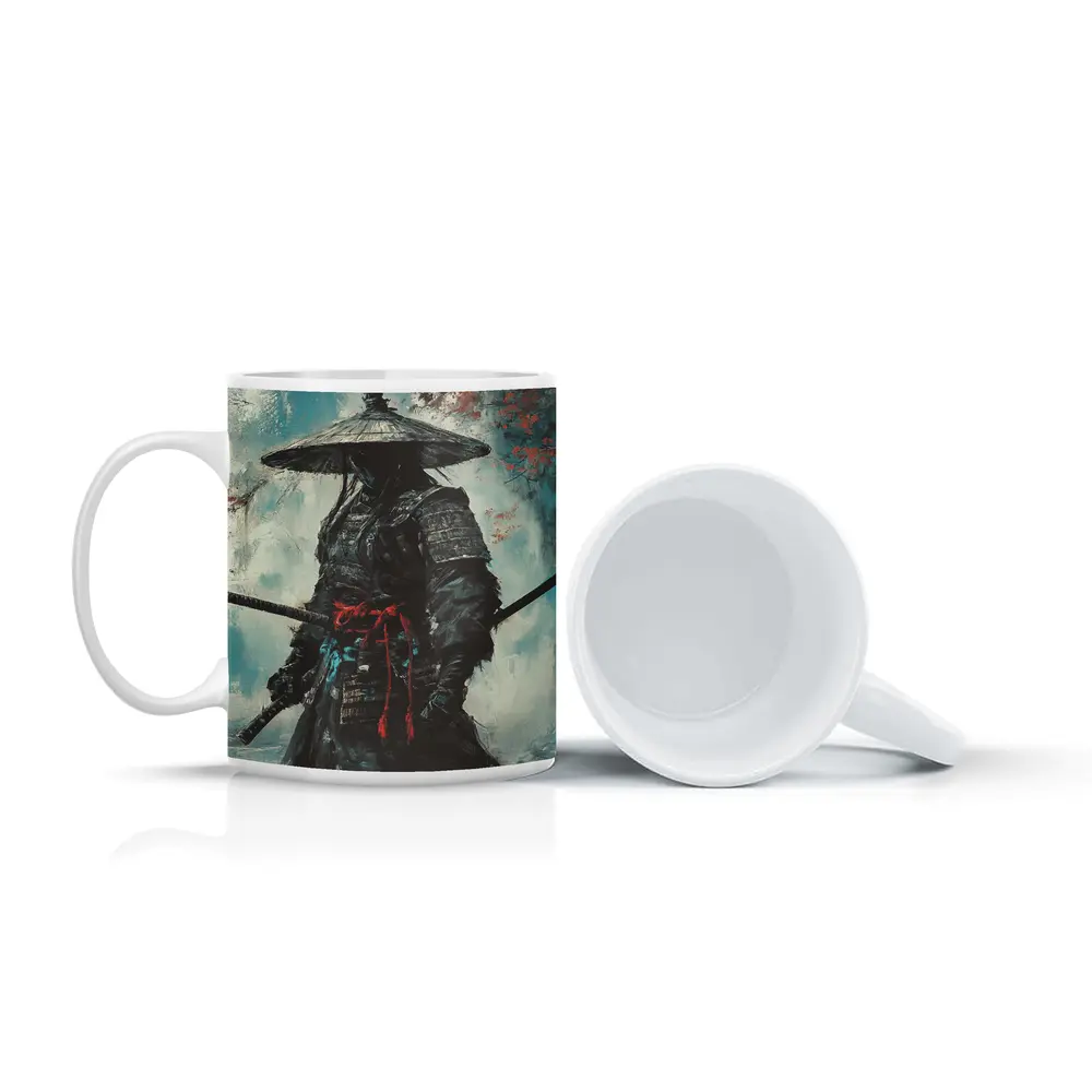 Dark Samurai Warrior Oil Painting Teal Background – Mugs