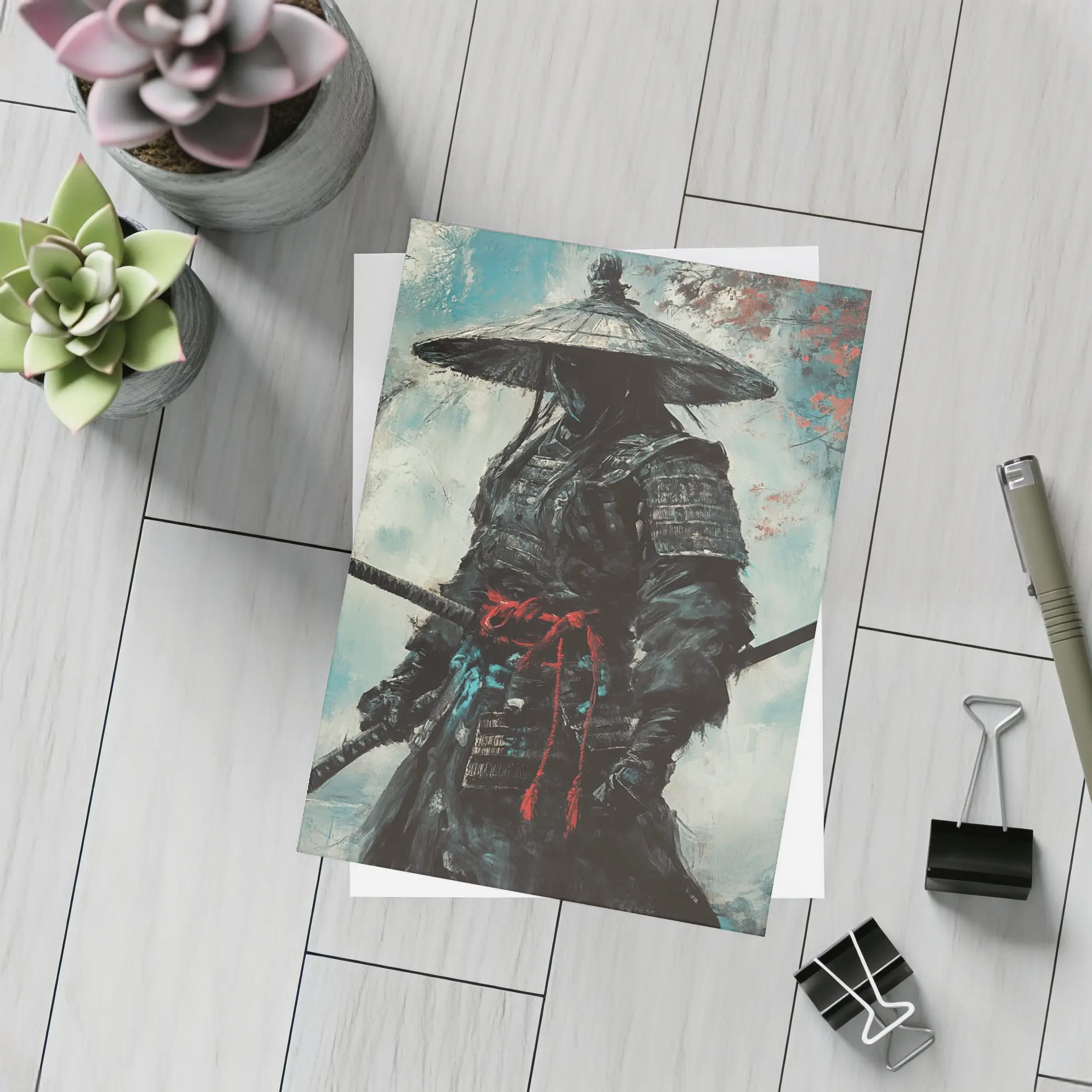 Dark Samurai Warrior Oil Painting Teal Background – Postcards