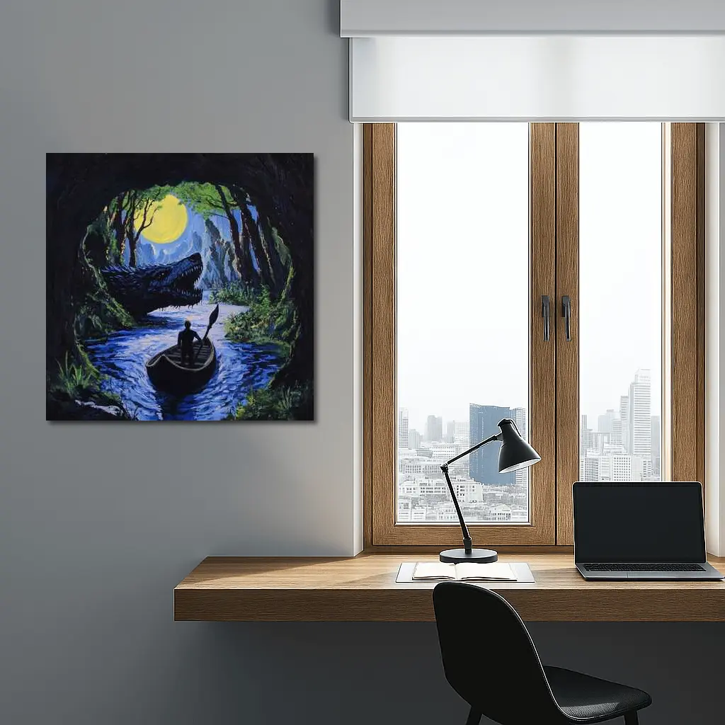Man Rowing Boat Past Cave Dragon – Wall Art