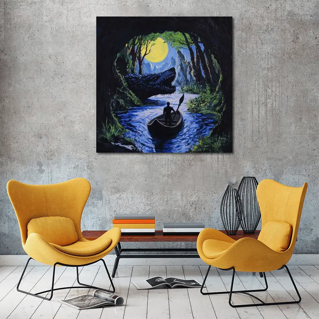 Man Rowing Boat Past Cave Dragon – Wall Art