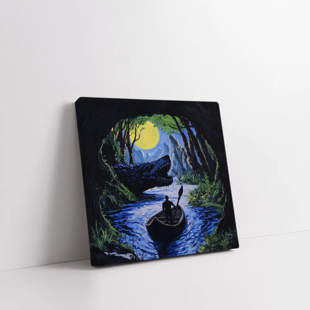 Man Rowing Boat Past Cave Dragon – Wall Art