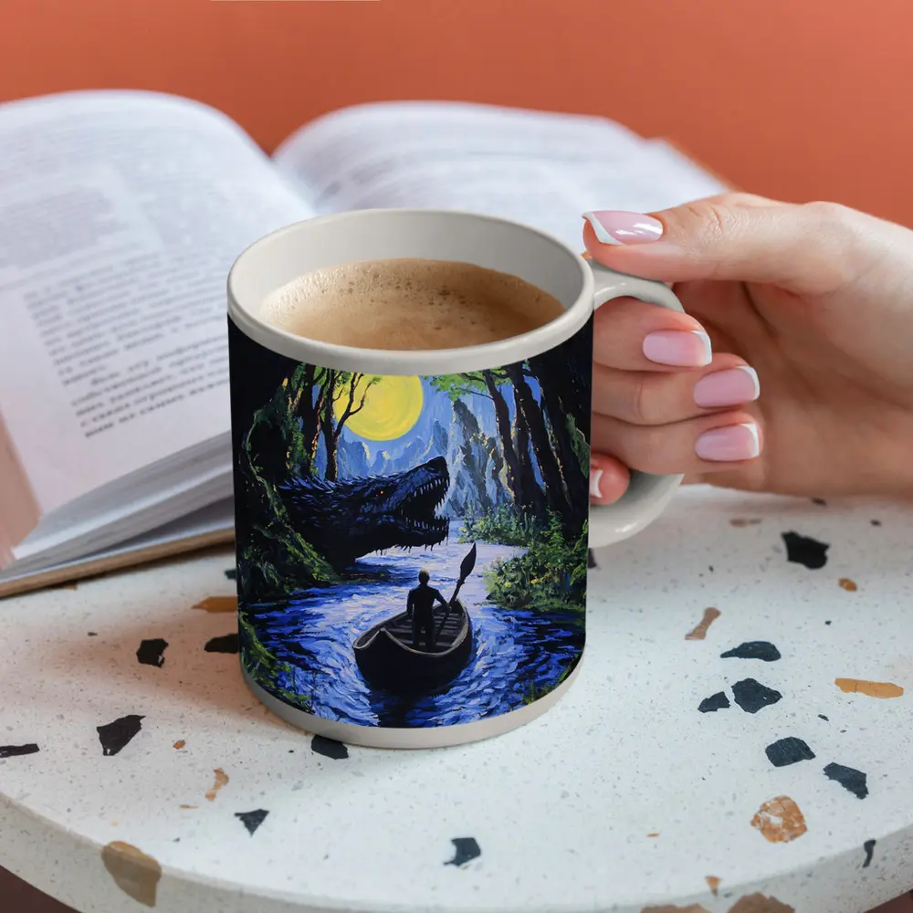 Man Rowing Boat Past Cave Dragon – Mugs