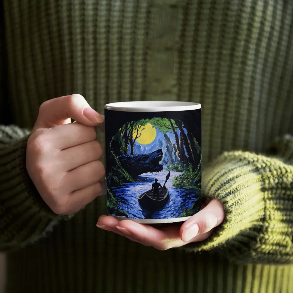 Man Rowing Boat Past Cave Dragon – Mugs
