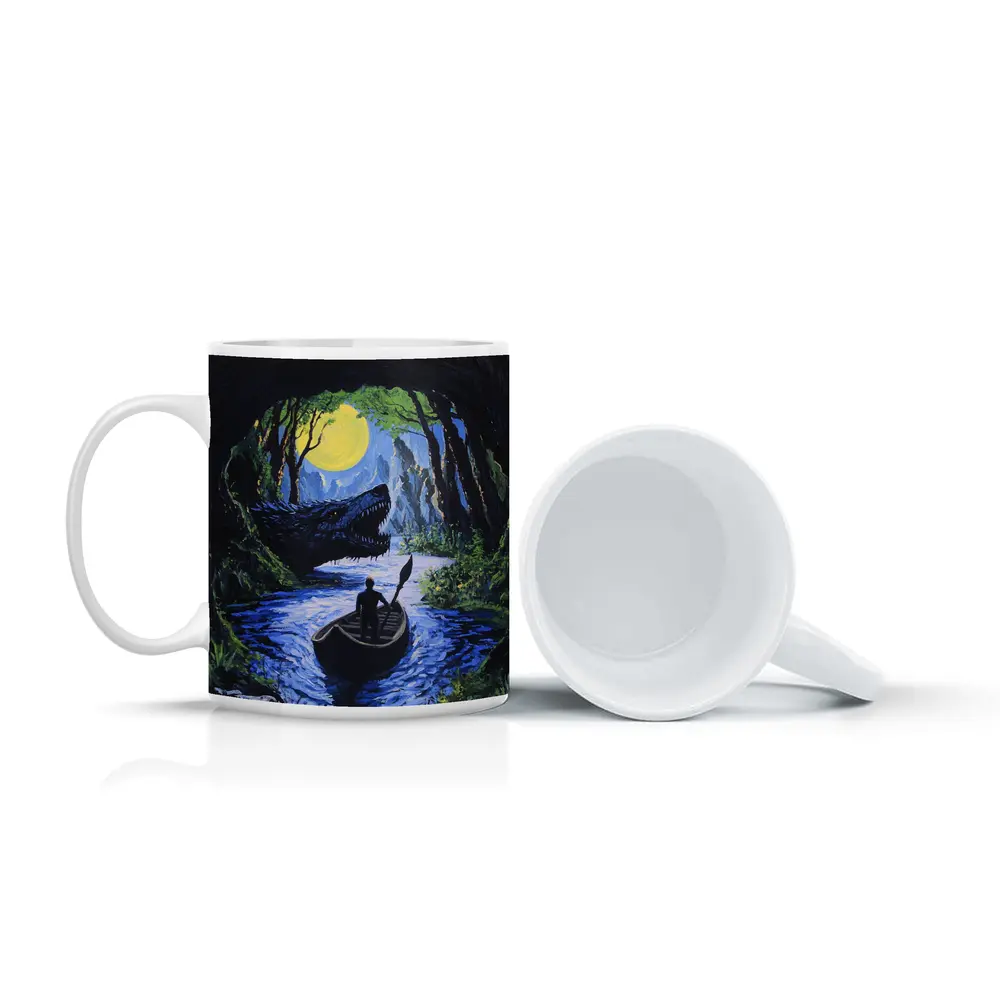 Man Rowing Boat Past Cave Dragon – Mugs