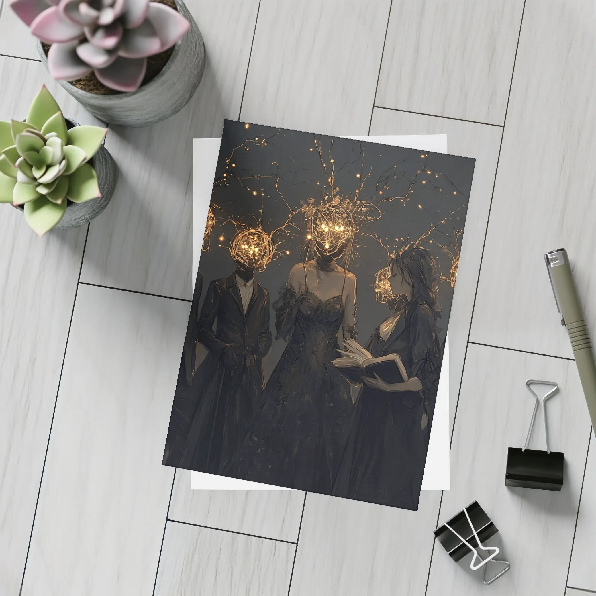 Dark Figures Glowing Twig Heads Fantasy Art – Postcards