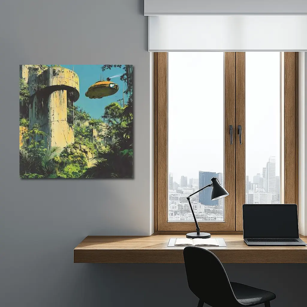 Retro Sci Fi Blimp Over Jungle Ruins – Wall Art