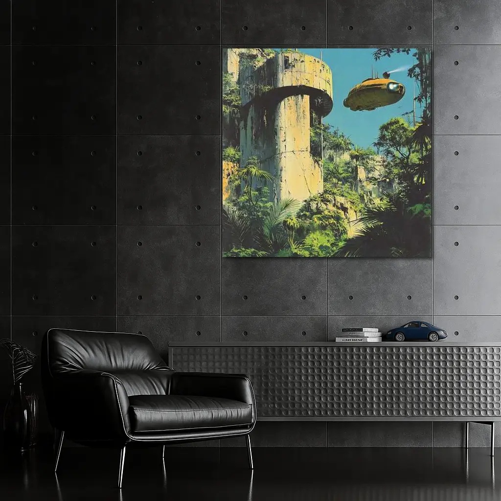 Retro Sci Fi Blimp Over Jungle Ruins – Wall Art