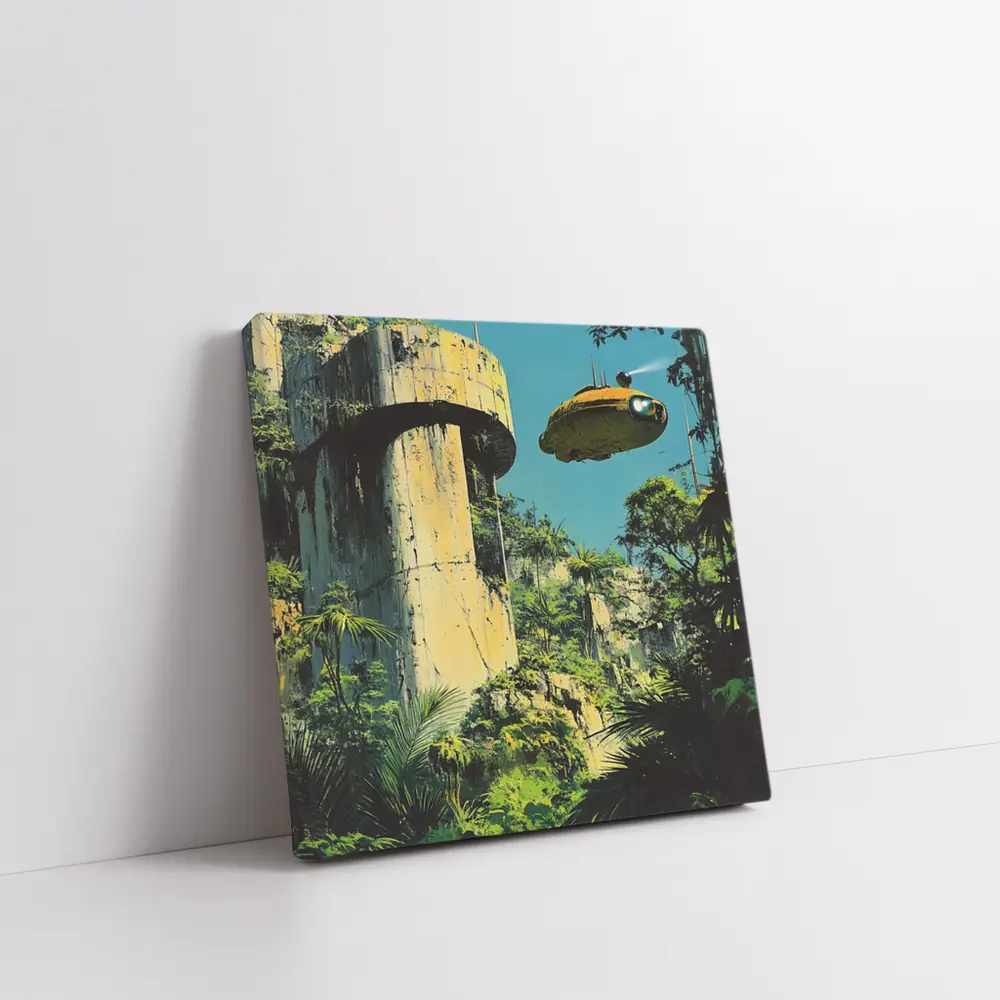 Retro Sci Fi Blimp Over Jungle Ruins – Wall Art