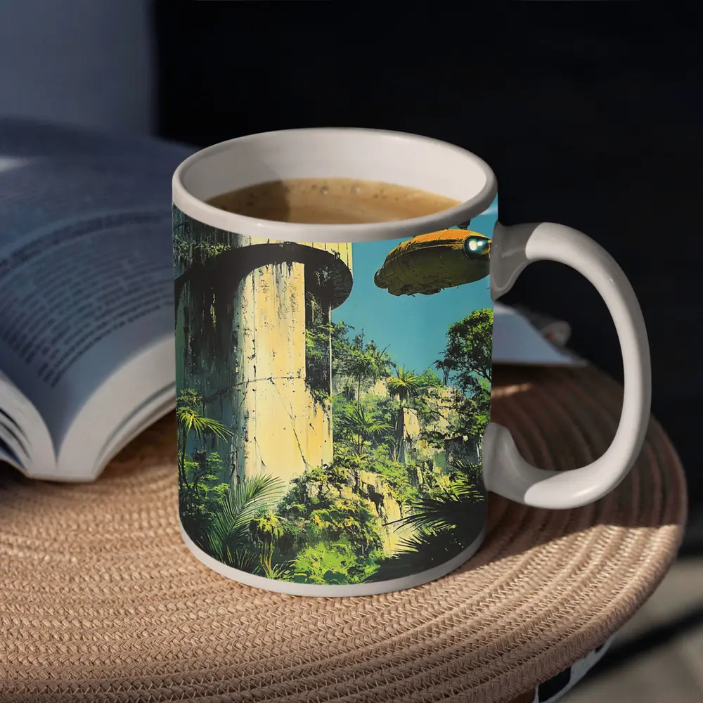 Retro Sci Fi Blimp Over Jungle Ruins – Mugs
