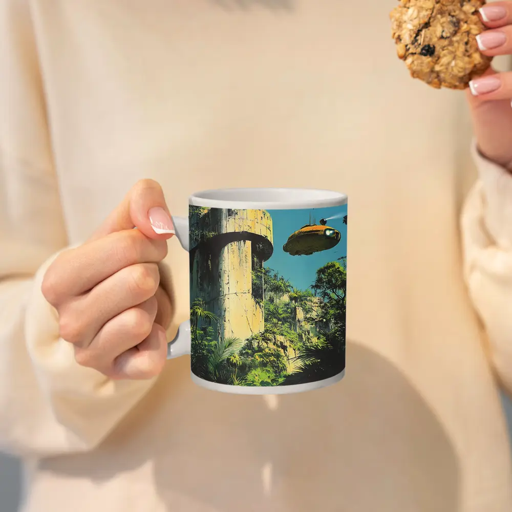Retro Sci Fi Blimp Over Jungle Ruins – Mugs