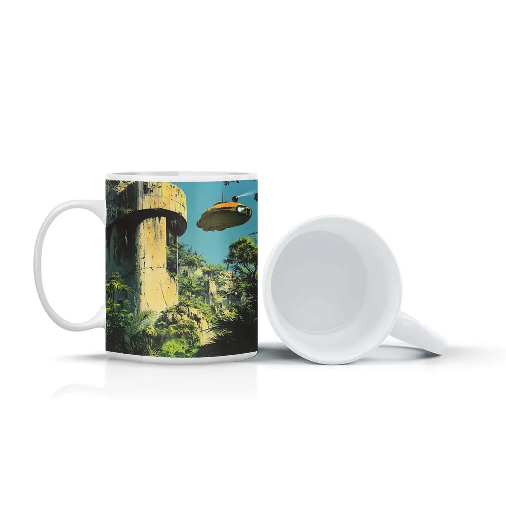 Retro Sci Fi Blimp Over Jungle Ruins – Mugs