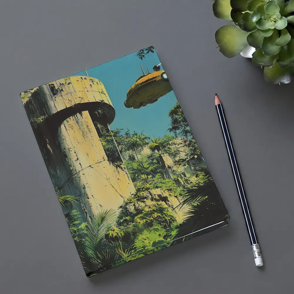 Retro Sci Fi Blimp Over Jungle Ruins – Notebooks